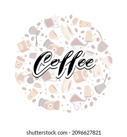 Leer sobre el fondo de un concepto redondo de café. Plantilla para marca de tienda o invitación a café, tarjeta de visita, página de menú, banner, volante, anuncio, empaque. Ilustración vectorial.