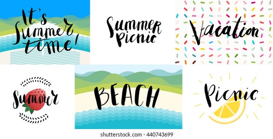 Lettering on beach, picnic, vacation and summer - six vector cartoon illustrated script writings Beach, summer tIme, Vacation,Picnic