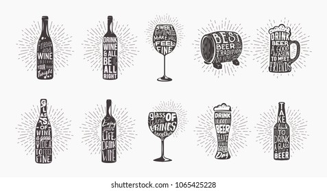 Lettering on beer bottle and glass of whine, wooden keg or barrel. Shining behind alcohol containers, font on beverage mug, type on glassware cup of booze. Drink and alcohol, brewery theme