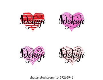 Lettering on Czech language, phrase translate Thank You. Vector hand draw lettering design for postcard, greeting card, tag or banner. Dekuji on red and pink hearts.