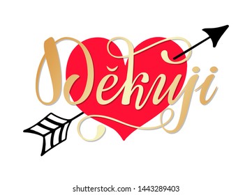 Lettering on Czech language, phrase translate Thank You. Vector hand draw lettering design for postcard, greeting card, tag or banner. Dekuji on red heart with arrow.