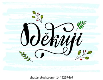 Lettering on Czech language, phrase translate Thank You. Vector hand draw lettering design for postcard, greeting card, tag or banner. Dekuji on blue background with spring floral.