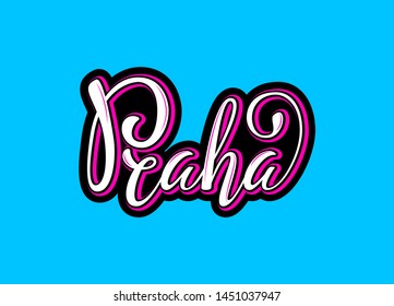Lettering on Czech language, phrase translate Prague. Capital of Czech Republic. Vector hand draw lettering design for postcard, greeting card, tag or banner. Praha on turquoise background.