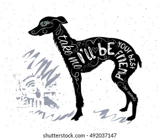 Lettering on the dog. "Take me. I'll be your best friend. Love animals." Inspirational quote. T-shirt print.