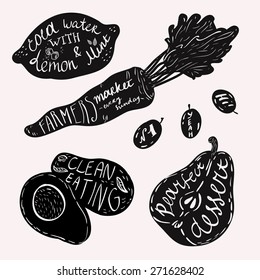 Lettering on fruits and vegetables. Black and white illustrations.