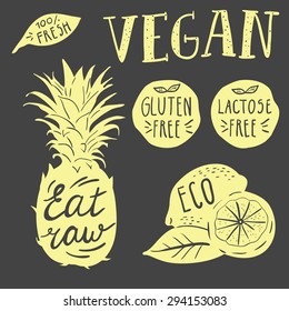 Lettering on fruits. Words eco, gluten and lactose free, eat raw, vegan, fresh. Stencil look vector set.