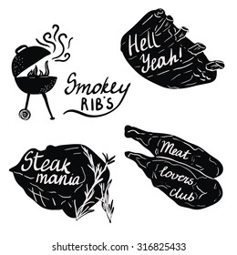 Lettering meat   ribs for bbq party grill restaurant  Black   white illustrations 