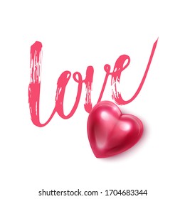 Lettering auf weißem Hintergrund, der Text der Inschrift Liebe und 3D-Herz, das Bild ist ein Symbol der Liebe, Vektorillustration eps10 Format