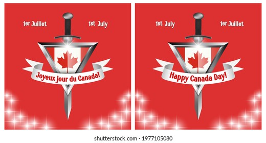 Lettering on a white ribbon in French Happy Canada Day and 1st July. Festive poster with triangular shield, sword and bright sparks on a red background