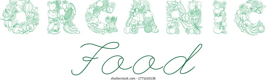 Lettering ORGANIC FOOD pattern logo of groceries farm fresh fruits and vegetables. Vector illustration logotype. Outline thin line style design. White background