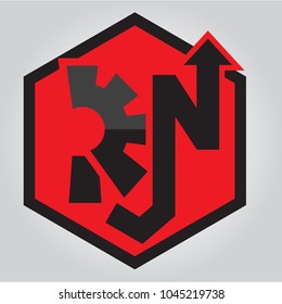 An lettering original logo using letters "R", "J", and "N". 