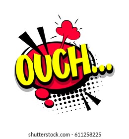 Lettering ouch, oops. Comic book halftone background balloon. Bubble icon speech phrase. Cartoon exclusive font label tag expression. Comic text word sound effects dot back. Sounds vector illustration