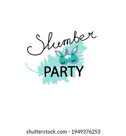 lettering pajama party, slumber party, turquoise feather background, unicorn mask