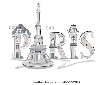 Lettering Paris decorated with flowers and achitectural elements. Hand drawn vector illustration.