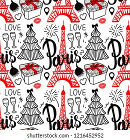 Lettering Paris and Eiffel Tower. Seamless pattern Merry Christmas and Happy new year fashion sketch gift box, tree and fireworks. Hand drawn Set Vector illustration isolated on white background.