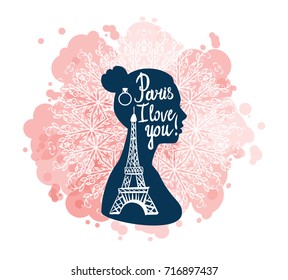 Lettering Paris I love you! Eiffel Tower. Female  silhouette on a light hand drawing ornament. Trend color. Isolated vector.