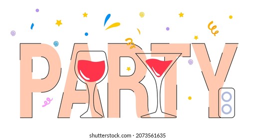 Lettering Party with two glasses of red wine Happy holiday celebration with alcohol drinks festive mood and cheerful atmosphere