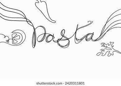 Lettering Pasta continuous line with doodle spices.Vector clipart concept line isolated on white bkgr.BandW design for poster,card,label,sticker,t-shirt,web,print,stamp,tattoo,etc.