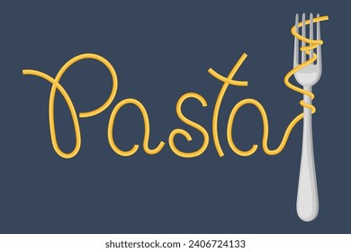 Briefe Pasta und Gabel mit Spaghetti auf dunklem Hintergrund. Lebensmittellogo, Speisekarte. Vektorgrafik