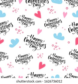 Lettering pattern HAPPY VALENTINES DAY with hearts and clouds. Black, pink, blue color on white background. Perfect for wrapping, ornament, wallpaper, album, scrapbook, holiday wrapping paper.Vector