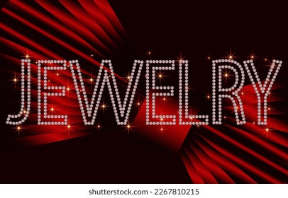 Lettering pearl beads jewerly. Luxury decor on red silk bow background. Woman Bijoux. Lettering. Vector vintage illustration. Invitation, cart, shopping, gift certificate.