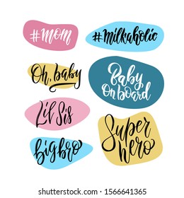 Lettering photography family overlay set. Motivational quote. Sweet cute inspiration typography. Calligraphy postcard poster graphic design element. Hand written sign. Baby shower photo album.