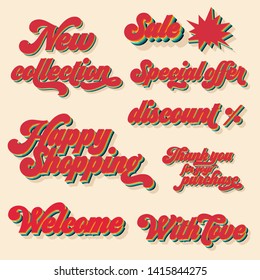 Lettering photography overlay set. Cute inspirational typography. Photo graphic design element. Retail shopping promotion advertising. Phrases and signs for shop and showroom, shopping center