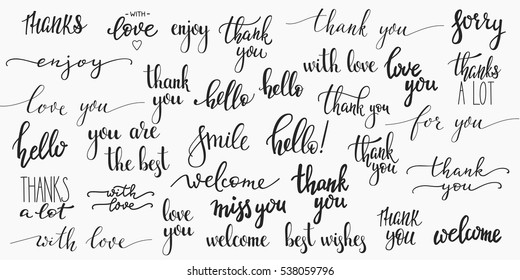 Lettering photography overlay set  Cute inspiration typography  Calligraphy photo graphic design element  Hand written sign  Love story family album decoration  Thank you Sorry Welcome Miss you Hello