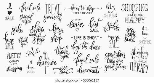 Lettering photography overlay set. Cute inspiration typography. Calligraphy photo graphic design element. Hand written sign decoration. Retail shopping promotion advertising