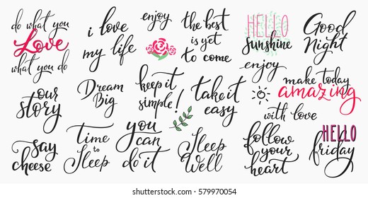 Lettering photography overlay set. Motivational quote. Sweet cute inspiration typography. Calligraphy photo graphic design element. Hand written sign. Love story wedding family album decoration.