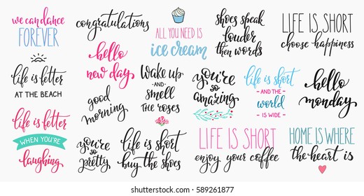 Lettering photography overlay set. Motivational quote. Sweet cute inspiration typography. Calligraphy photo graphic design element. Hand written sign. Love story wedding family album decoration.