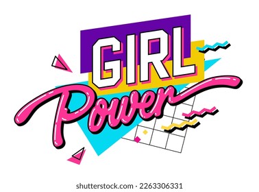 A lettering phrase with a bright and playful 90s style - Girl Power. Isolated vector typography design element with geometric shapes as the background. Web, fashion, print purposes