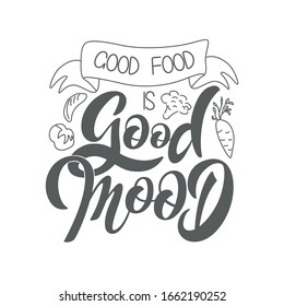 Lettering of phrase Good Food Good Mood. Hand drawn typography poster. Inspirational vector typography. Vector calligraphy and plate illustration.