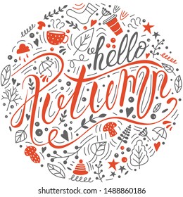 Lettering phrase hello autumn orange color with gray doodles on a white background in the form of a circle