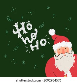 Lettering phrase Ho Ho Ho for winter holiday greeting card. Funny hand drawn smiling Santa Claus peeking from behind the corner. Christmas saying for print, poster, holiday card, social media post