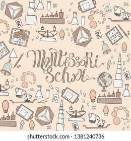 Lettering phrase “Montessori school” with Montessori materials: pink tower, cylinder block, mobile alphabet. Vector Doodle composition for banner, logotype, website, visiting card, clothes, card