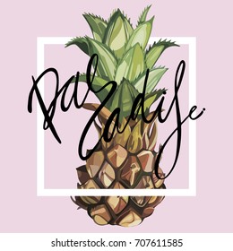 Lettering phrase - Paradise. Pineapple with tropical leaves.Element for design of invitations, movie posters, fabrics and other objects. Geometry set. Vector EPS 10