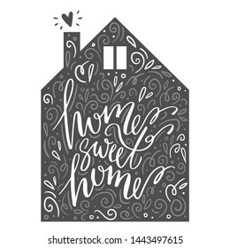 Lettering phrase in the silhouette of the house: home sweet home. Colorful greeting card in scandinavian style