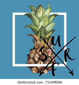 Lettering phrase - SURF. Pineapple with tropical leaves.Element for design of invitations, movie posters, fabrics and other objects. Geometry set. Vector EPS 10