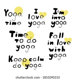 Frases de letras sobre yoga, ilustración vectorial, dibujo a mano