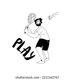 Lettering play and illustration of a tennis player in shorts with a racket receiving the ball