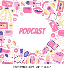 lettering podcast with microphones, headphones, camera. design for podcast in flat hand drawn style.