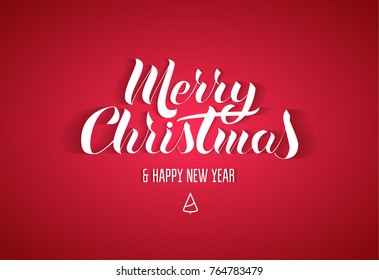 Lettering in the popular style of "Merry Christmas & Happy New Year". White paper letters with a shadow on a red background