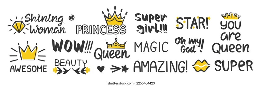 Dejar positivo a las niñas. Etiquetas frases de reina, princesa, belleza con corona de doodle, corazón, estrellas. Conjunto manuscrito del vector de decoración