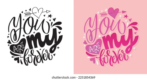 Lettering postcard about love. Happy Valentine'day card - hand drawn doodle lettering postcard. Heart, be mine. Vector