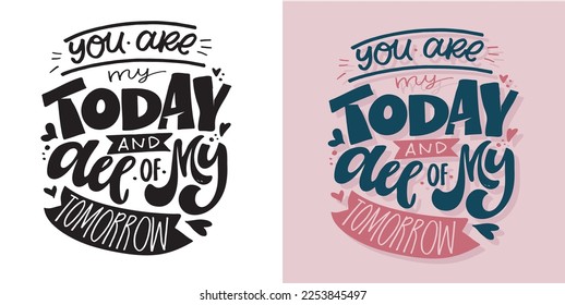 Lettering postcard about love. Happy Valentine'day card - hand drawn doodle lettering postcard. Heart, be mine. Vector