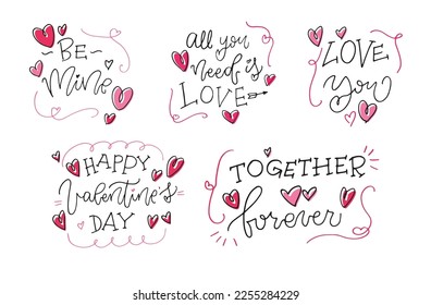 Lettering postcard about love. Happy Valentine'day card - hand drawn doodle lettering postcard. Heart, be mine. Vector