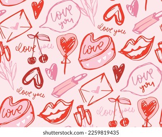 Lettering postcard about love. Happy Valentine'day card - hand drawn doodle lettering postcard. Heart, be mine. Vector. Pattern, background. 