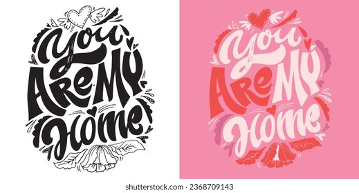 Lettering postcard about love. Happy Valentine'day card - hand drawn doodle lettering postcard. Heart, be mine. Vector