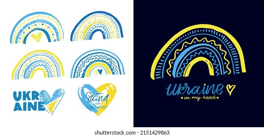 Lettering postcard hand drawn about Support Ukraine. Blue yellow ukrainian flag background.